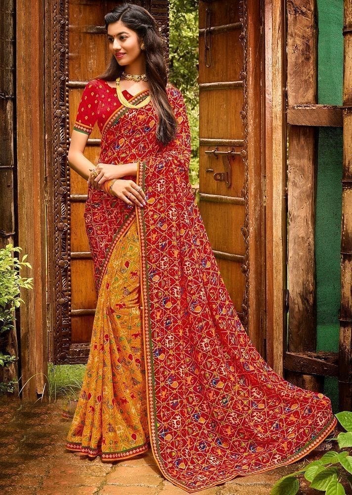 Mustard Color Half & Half Chiffon Saree With Border And Raw Silk Blouse Piece