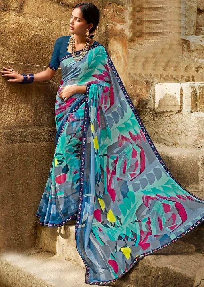 Multicolor Color Georgtte Saree With Embroidery Border And Embroidery Georgette Blouse Piece