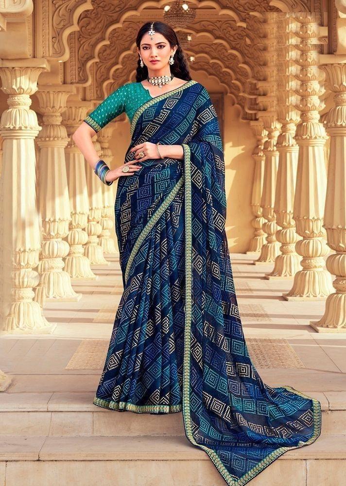 Multicolor Color Bandhani Print Chiffon Saree With Zari Border And Zari Work Dupion Silk Blouse Piece