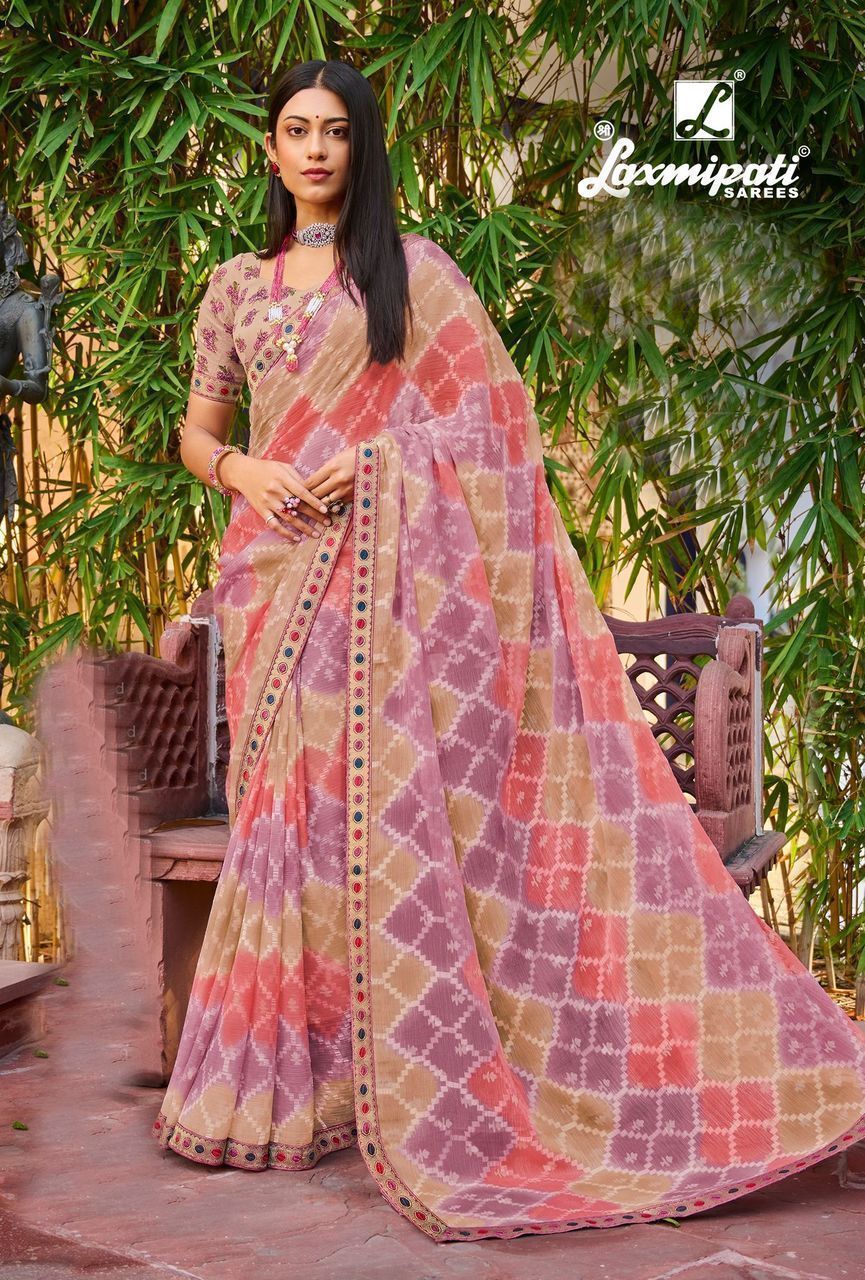 Laxmipati Multicolor Chiffon Fabric Printed Saree With Fancy Border And Fancy Blouse Piece