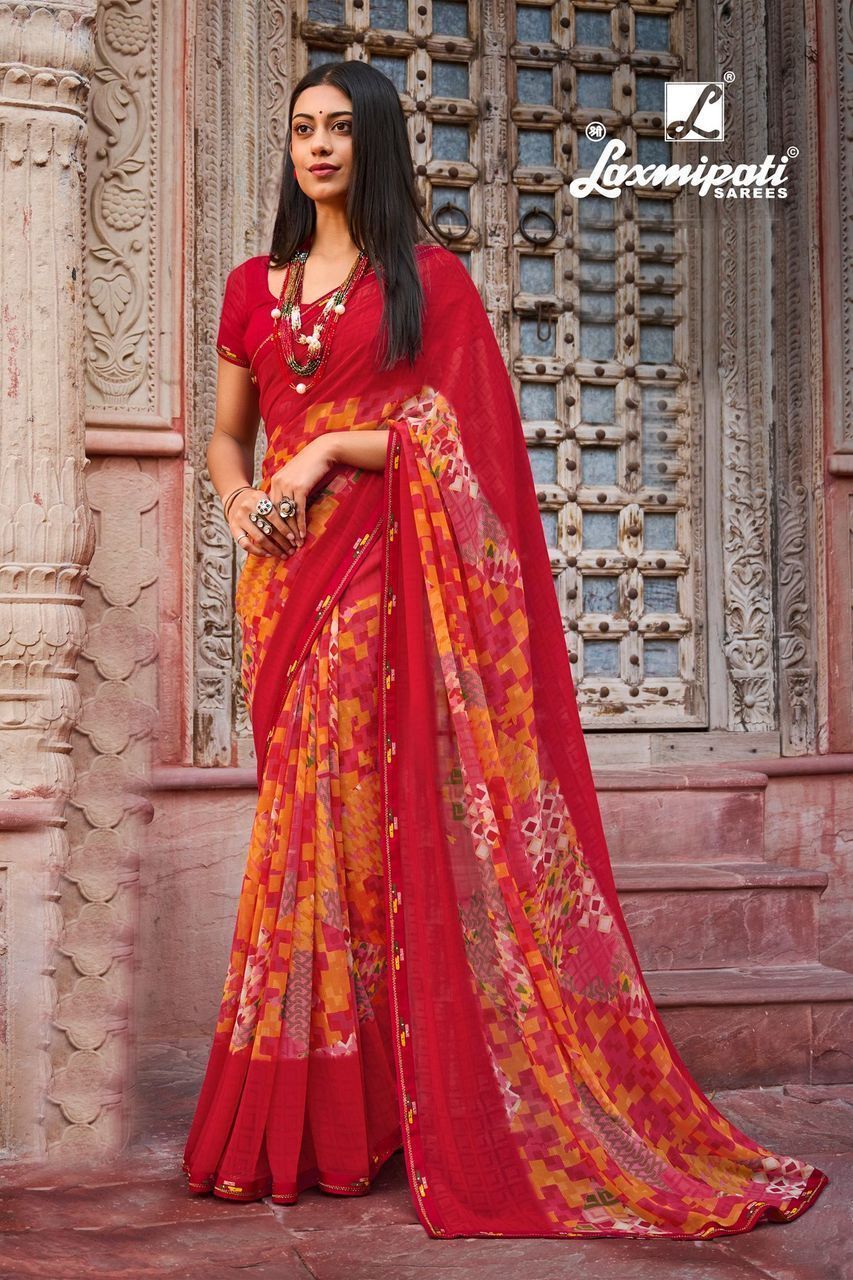 Laxmipati Multicolor Color Georgette Fabric Printed Saree With Fancy Border And Fancy Blouse Piece