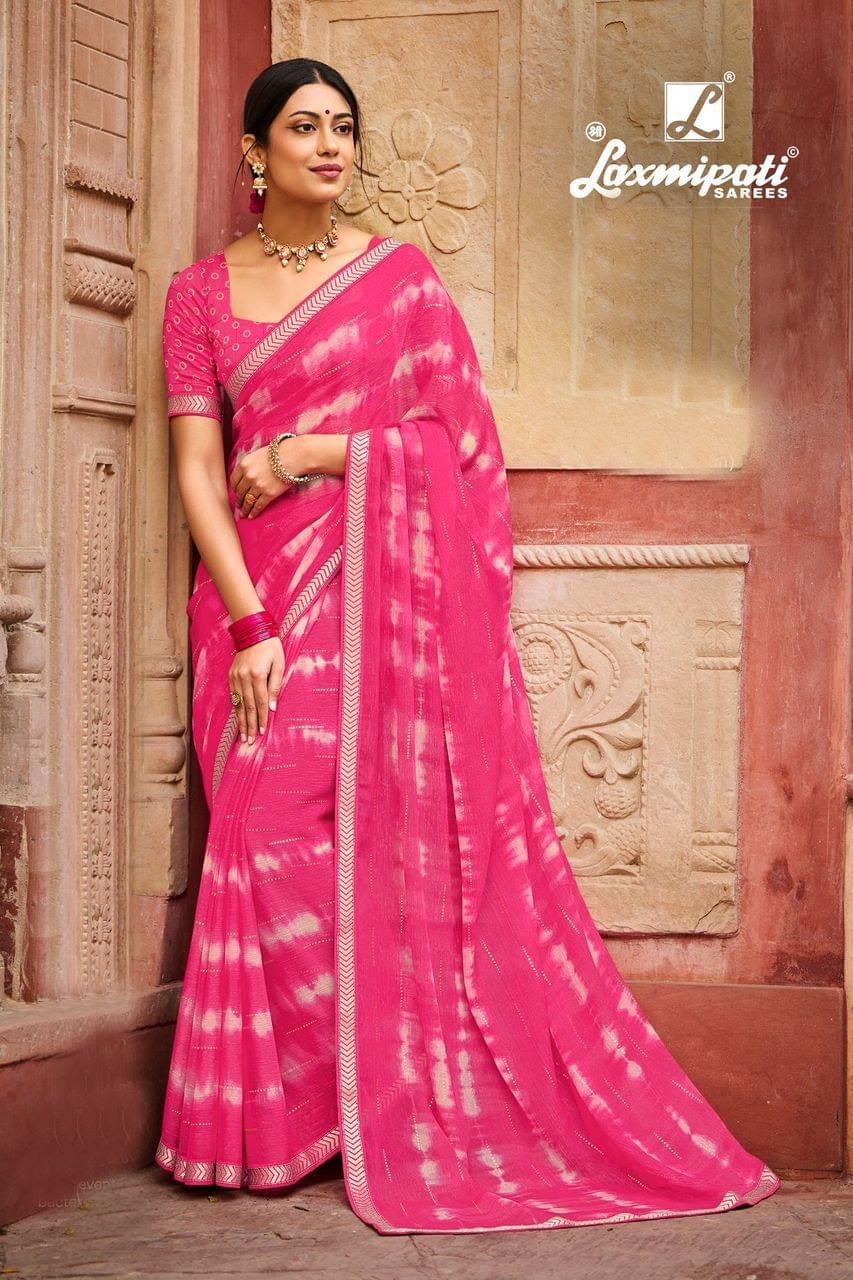 Laxmipati Pink Foil Print Sparkle chiffon sarees With Fancy Border And Fancy Blouse Piece