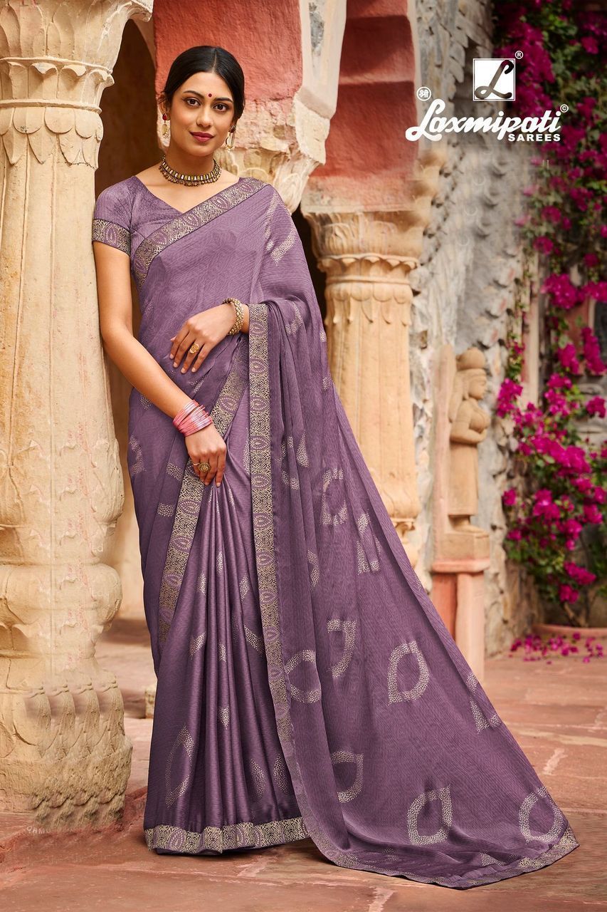 Laxmipati Purple Foil Print chiffon sarees With Fancy Border And Fancy Blouse Piece