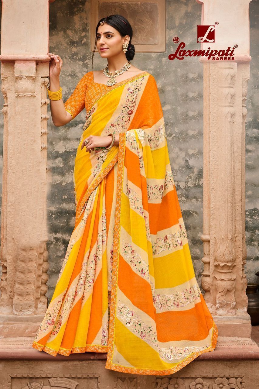 Laxmipati Multicolor Foil Print chiffon sarees With Fancy Border And Fancy Blouse Piece