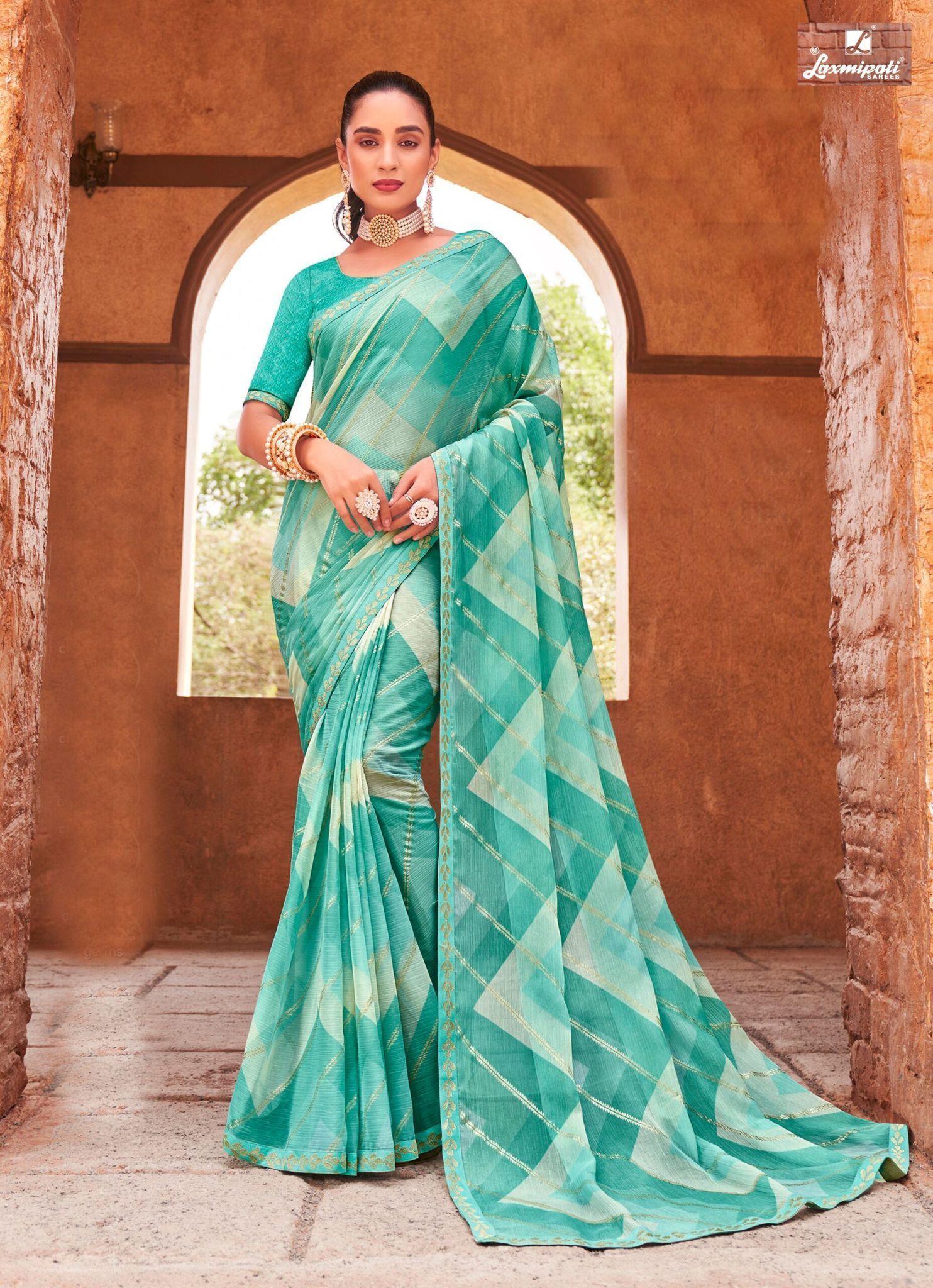 Turquoise Color Sparkle Chiffon Saree With Embroidery Border And Fancy Resham Embroidery Blouse Piece