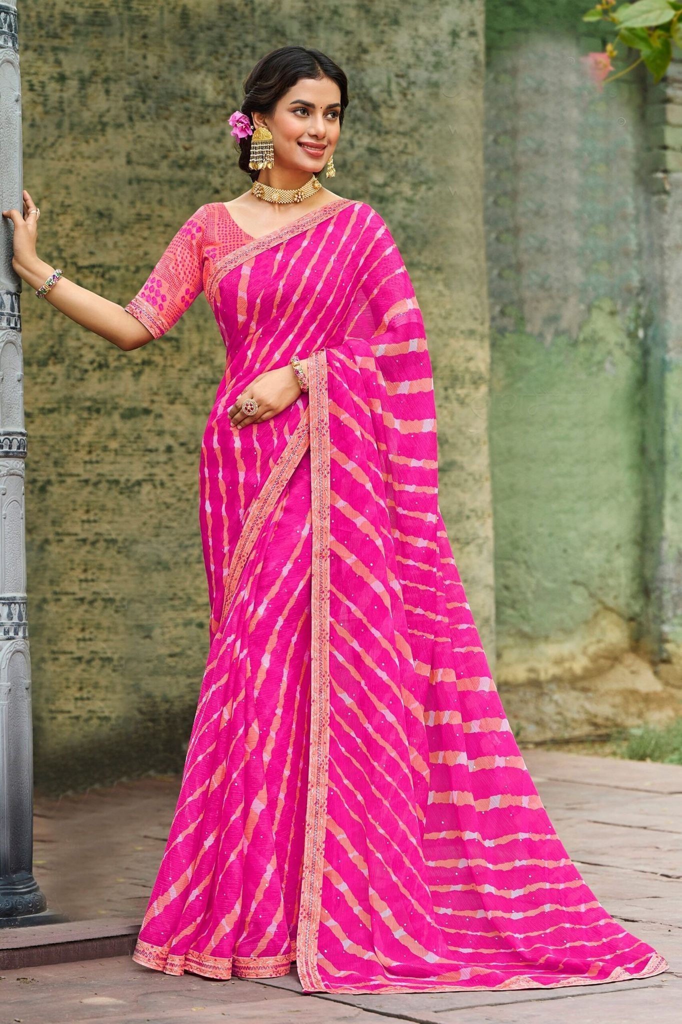 Laxmipati Magenta Leheriya Printed Chiffon Saree
