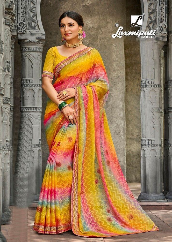 Multicolor Color Stone Work Printed Brasso Saree With Fancy Border And Fancy Blouse Piece