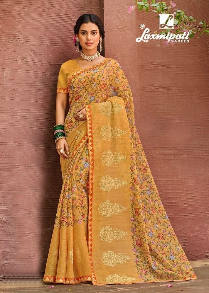 Mustard Color Chiffon Printed Saree With Fancy Border And Fancy Blouse Piece