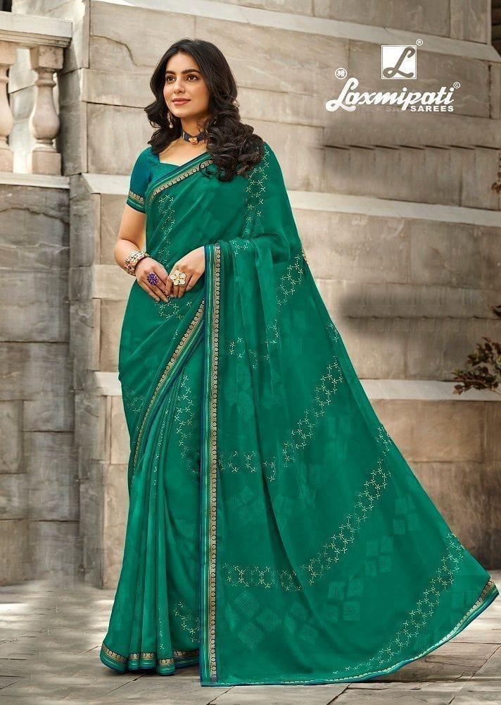 Green Color Foil Print Georgette Saree With Fancy Border And Fancy Blouse Piece