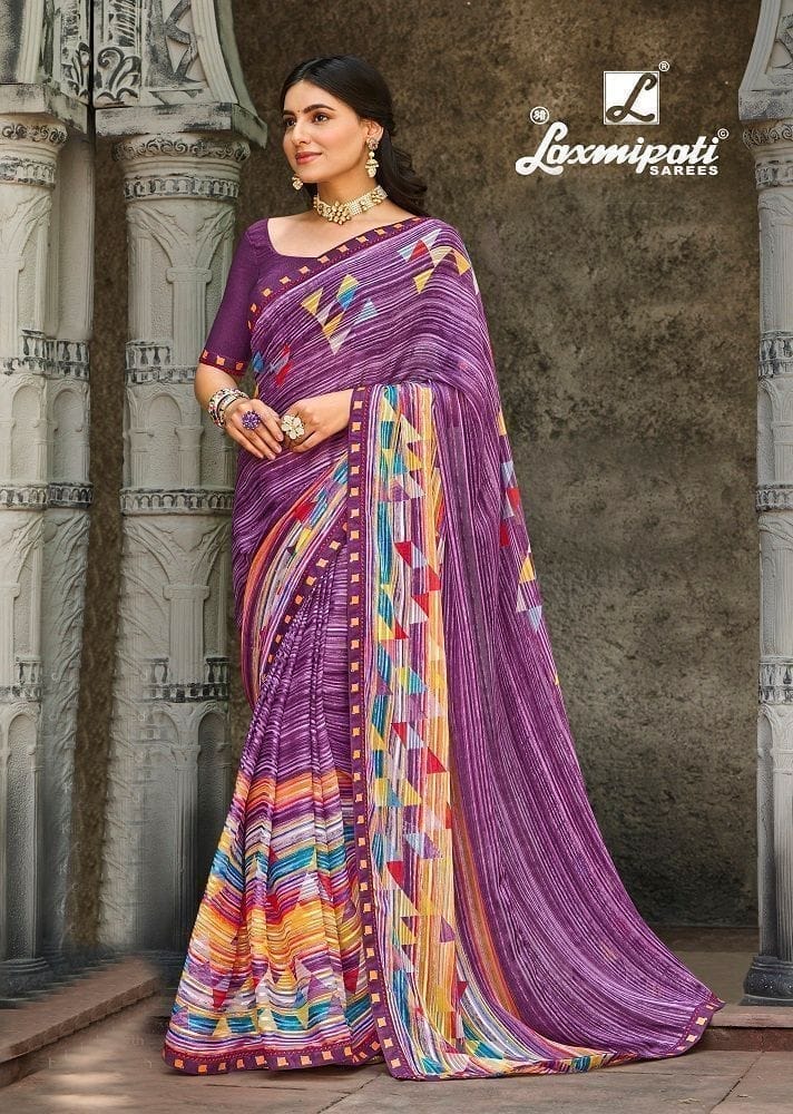 Multicolor Color Foil Print Georgette Satin Patta Saree With Fancy Border And Fancy Blouse Piece