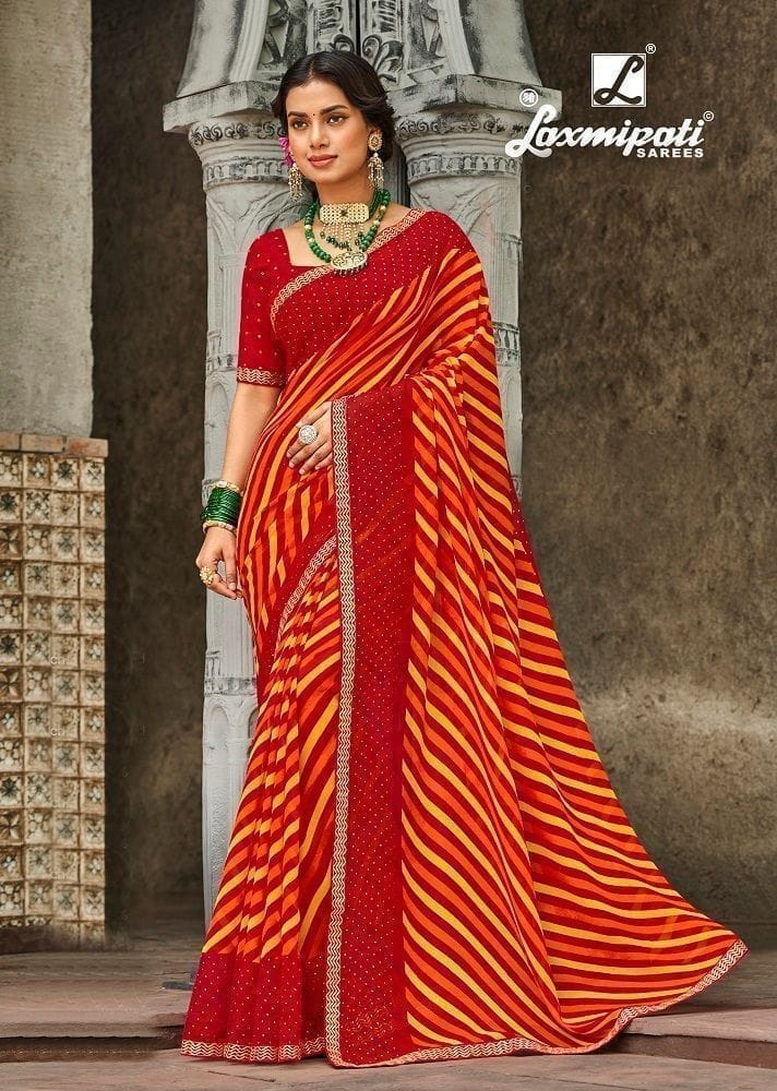 Multicolor Color Laheriya Print Georgette Saree With Fancy Border And Fancy Blouse Piece