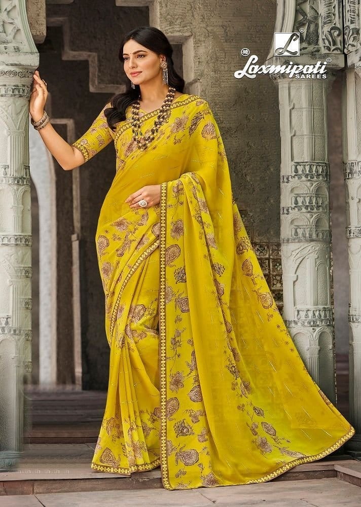 Yellow Color Georgette Printed Saree With Fancy Border And Fancy Blouse Piece