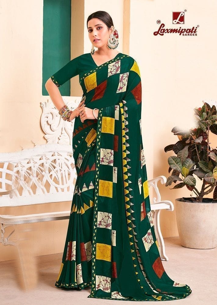 Digital Printed Georgette Saree in Dark Green