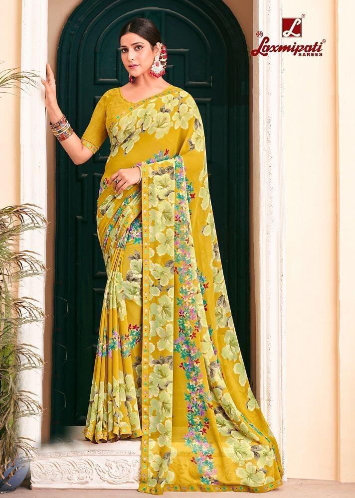 Digital Printed Georgette Saree in Yellow
