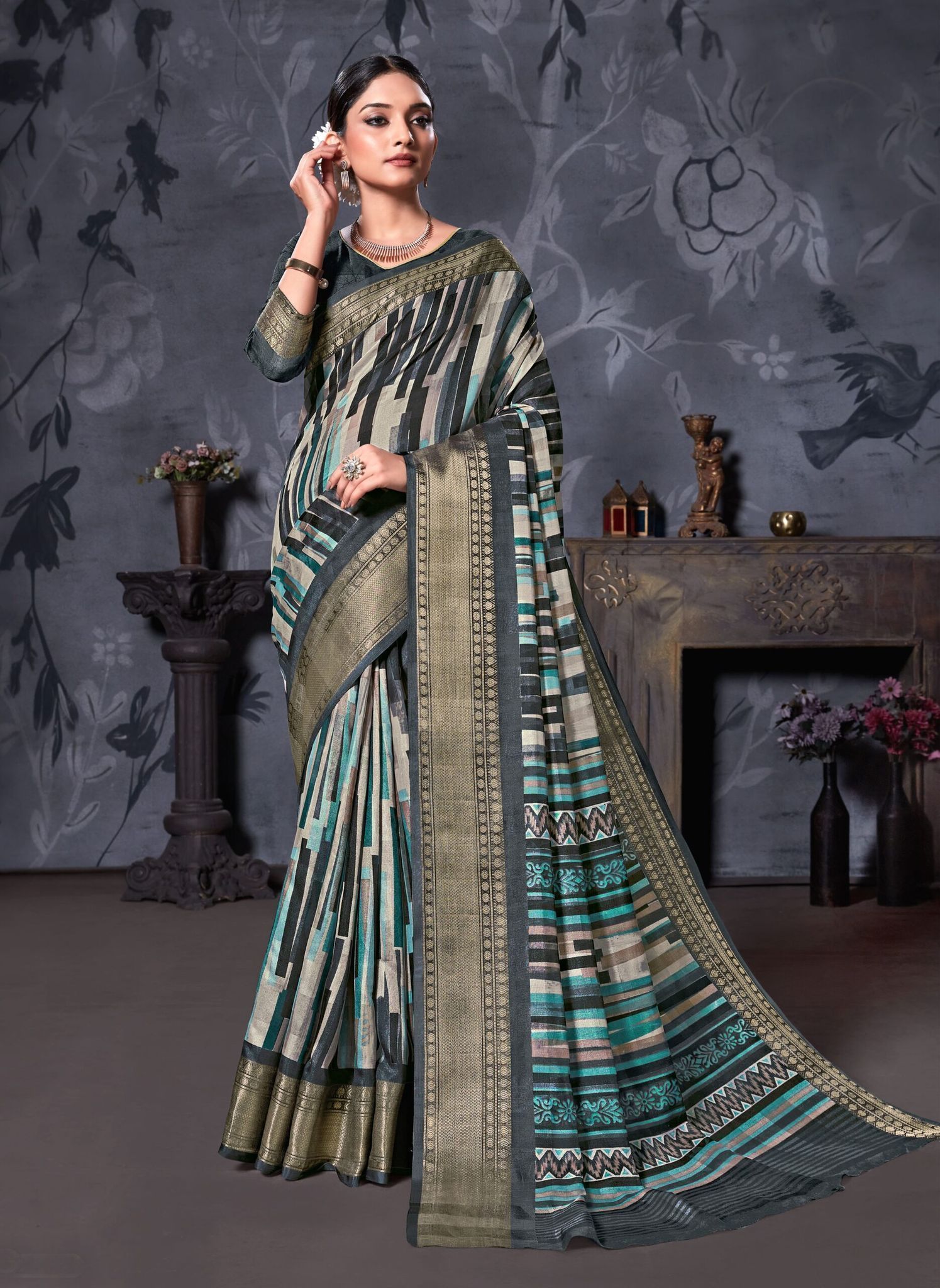 Multicolor Cotton Linen Saree with Contrast Blouse Piece and Zari Border