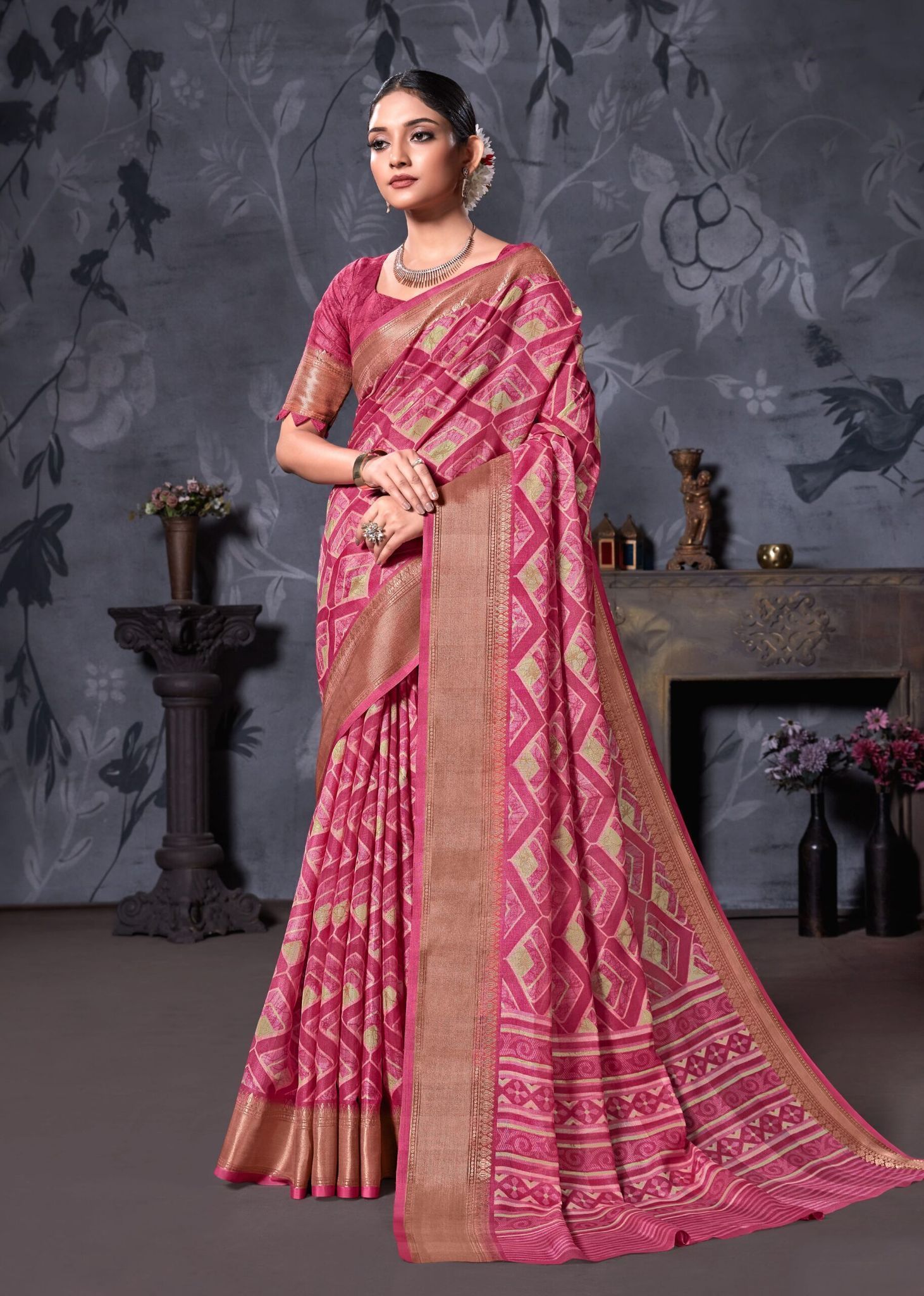 Multicolor Cotton Linen Saree with Contrast Blouse Piece and Zari Border