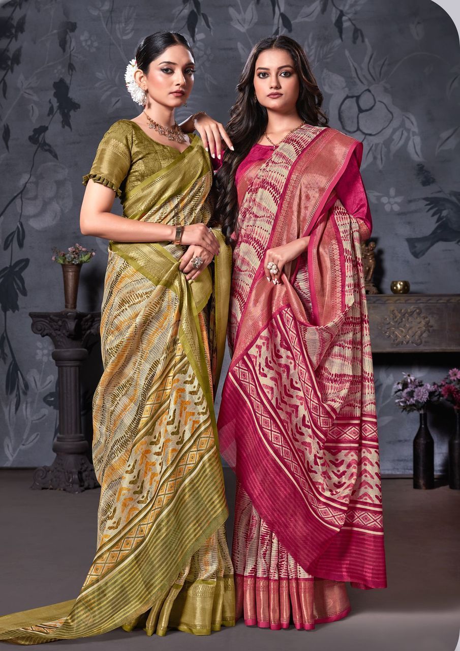 Multicolor Cotton Linen Saree with Contrast Blouse Piece and Zari Border