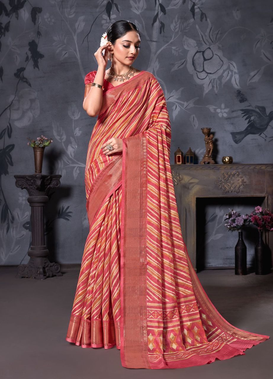 Multicolor Cotton Linen Saree with Contrast Blouse Piece and Zari Border