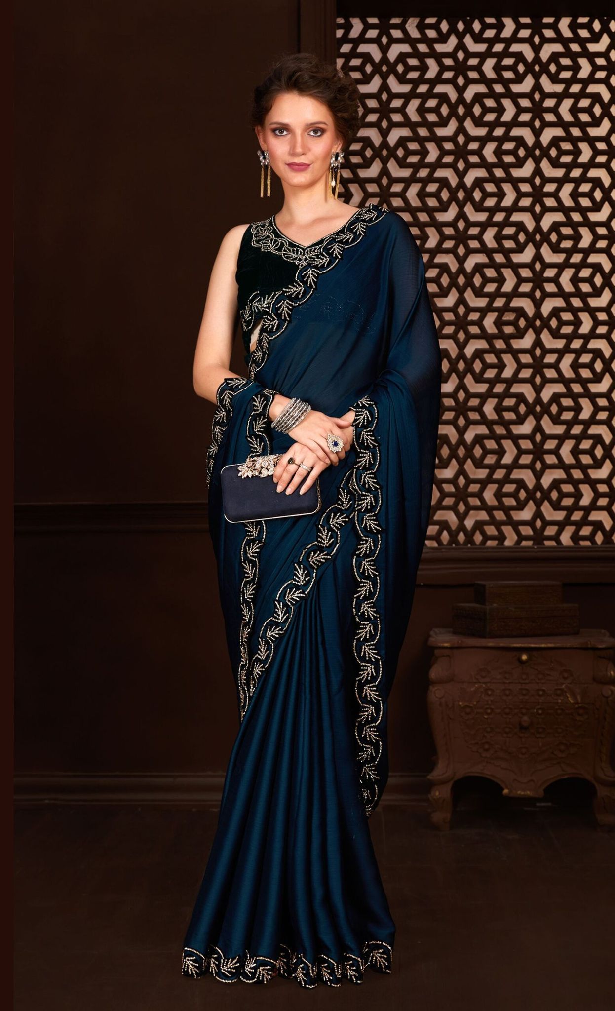 Blue Color Satin Chiffon Fabric Saree with stone work on the Border and Blouse