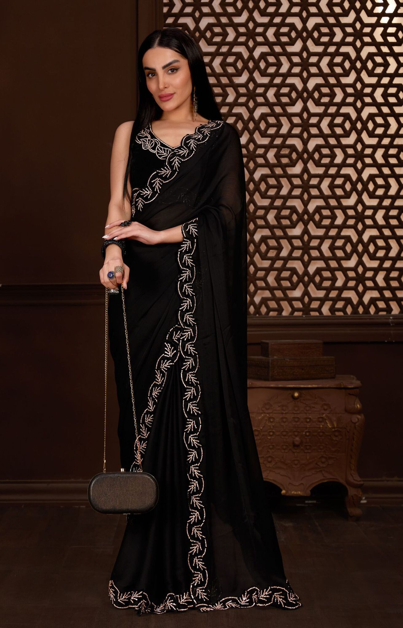 Black Color Satin Chiffon Fabric Saree with stone work on the Border and Blouse