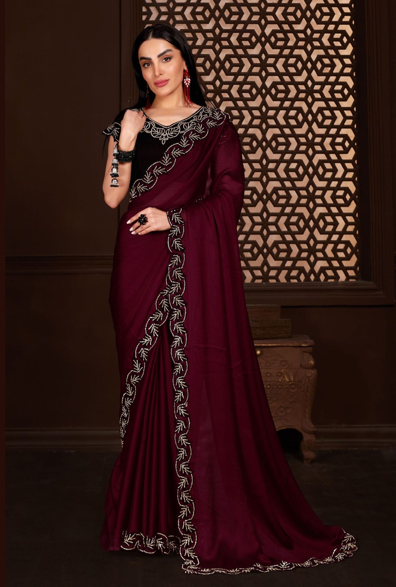 Maroon Color Satin Chiffon Fabric Saree with stone work on the Border and Blouse