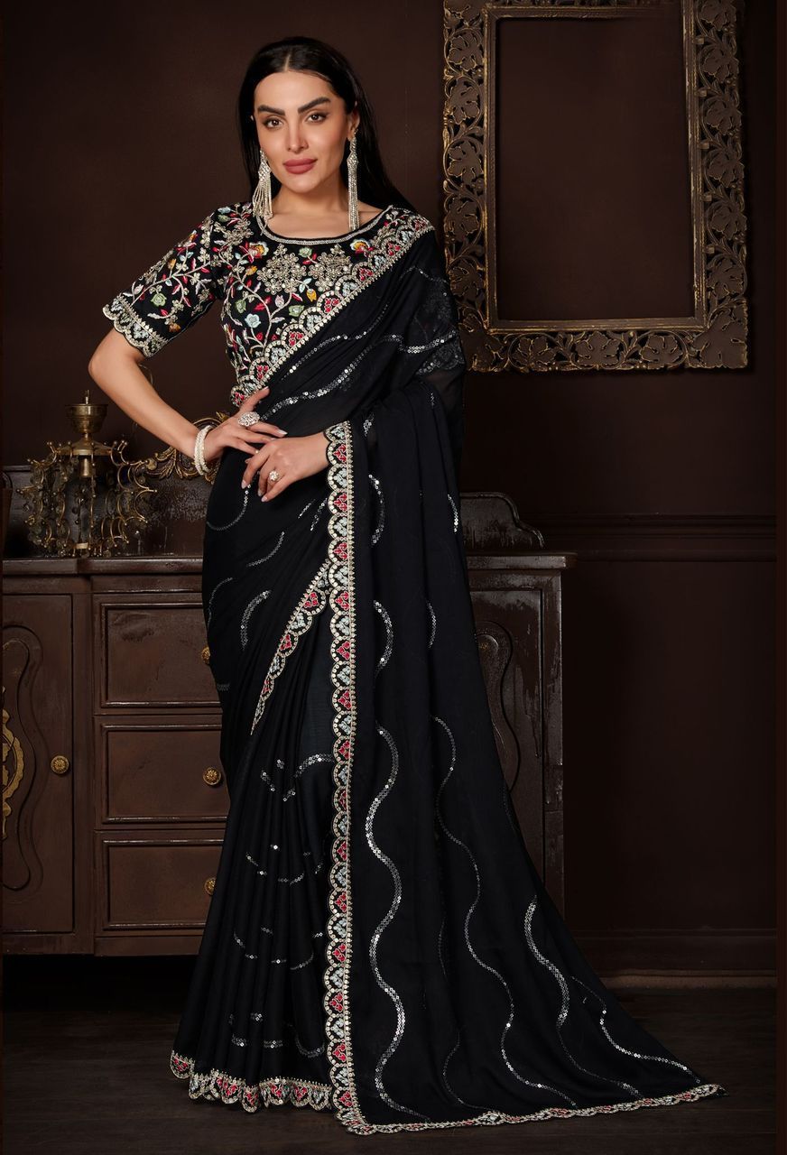 Black Color Chiffon Fabric Saree with sequence work and Stone work on the Border and Embroidered Blouse