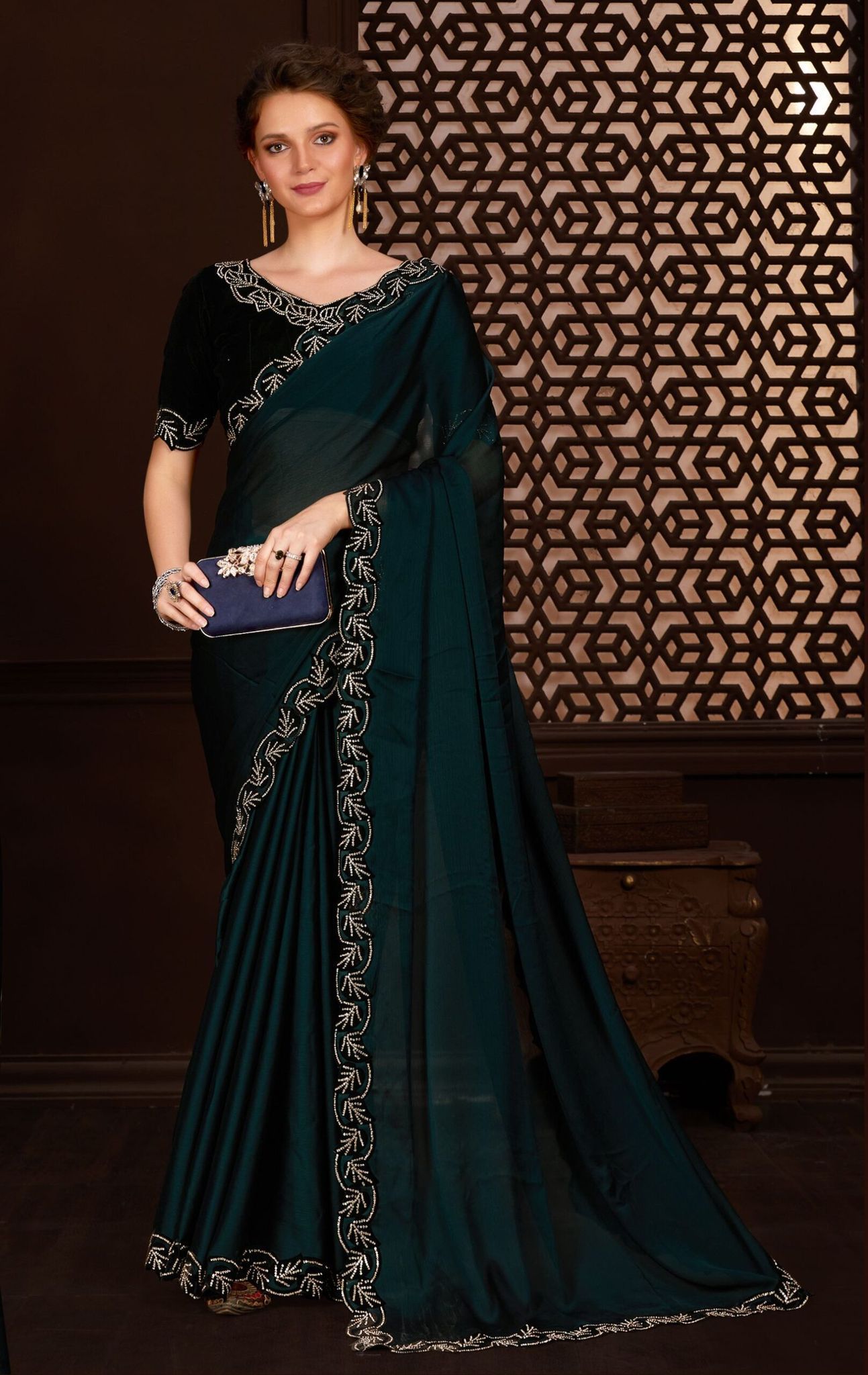 Green Color Satin Chiffon Fabric Saree with stone work on the Border and Blouse