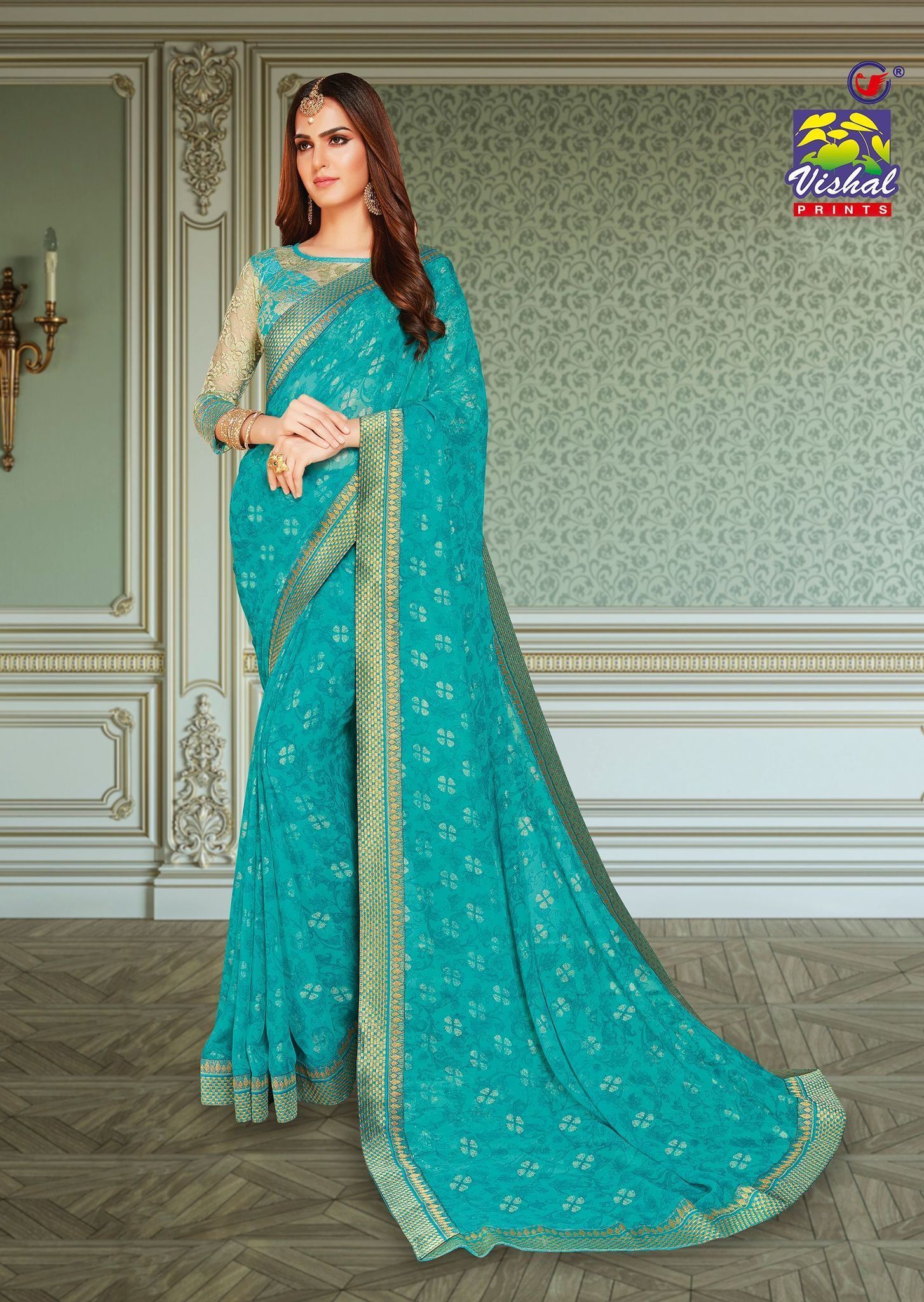 Blue Color Foil Print Georgette Fabric Saree With Fancy Foil Print Lace Border And Fancy Foil Print Blouse Piece