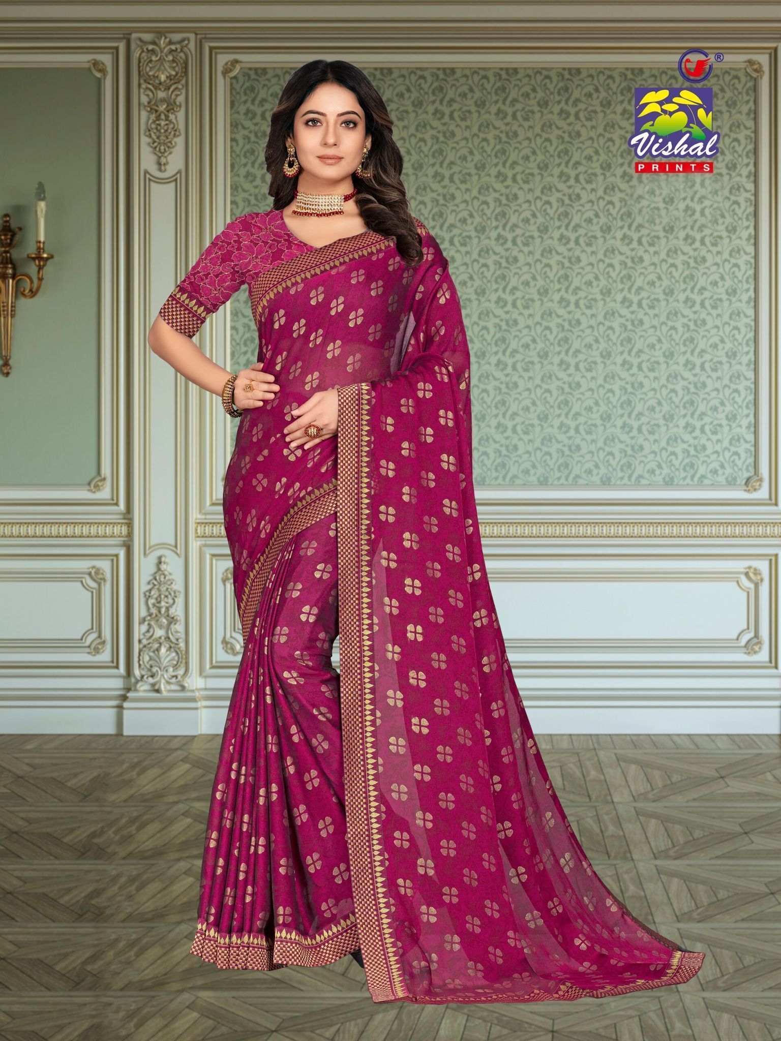 Turquoise Colro Foil Print Georgette Fabric Saree With Fancy Foil Print Lace Border And Fancy Foil Print Blouse Piece