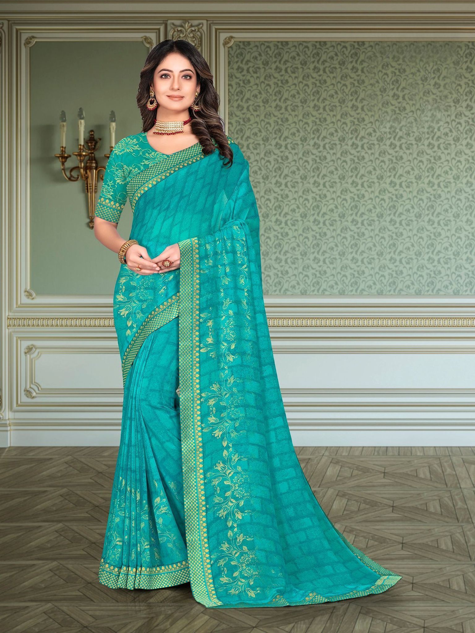 Pink Color Foil Print Georgette Saree With Fancy Foil Print Lace Border And Fancy Foil Print Blouse Piece