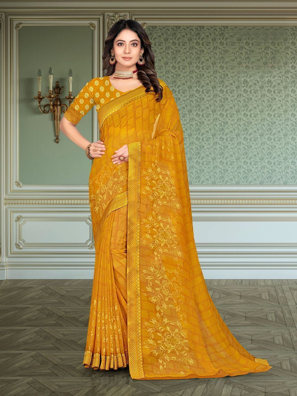 Orange Color Foil Print Georgette Saree With Fancy Foil Print Lace Border And Fancy Foil Print Blouse Piece
