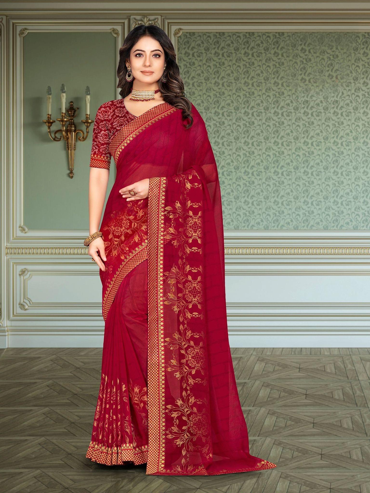 Red Color Foil Print Georgette Saree With Fancy Foil Print Lace Border And Fancy Foil Print Blouse Piece