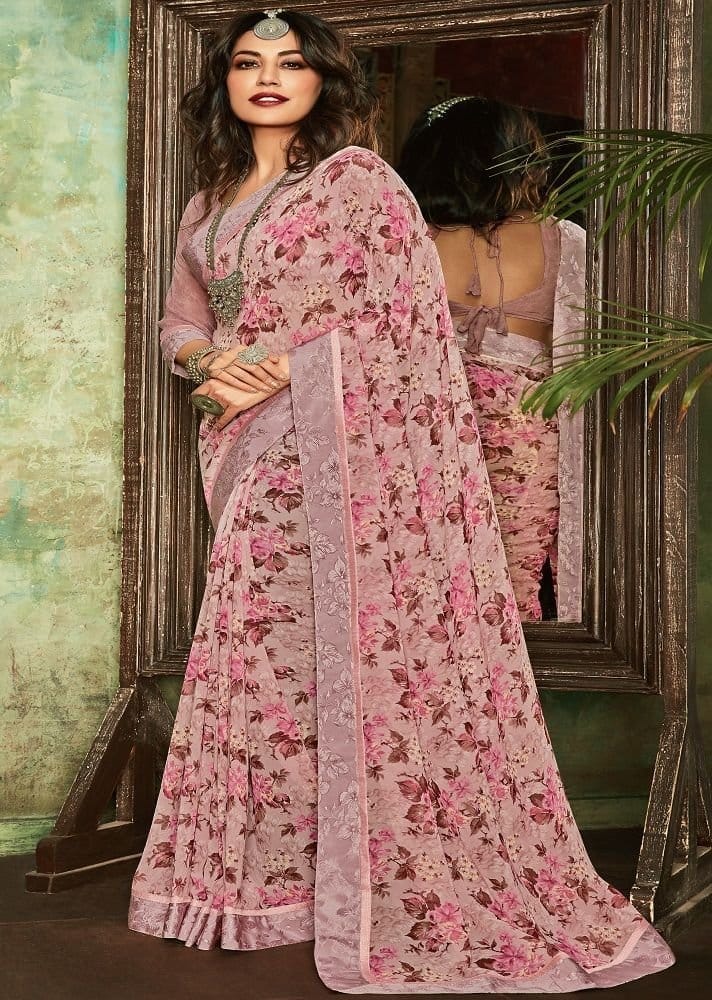 Digital Printed Georgette Saree in Peach