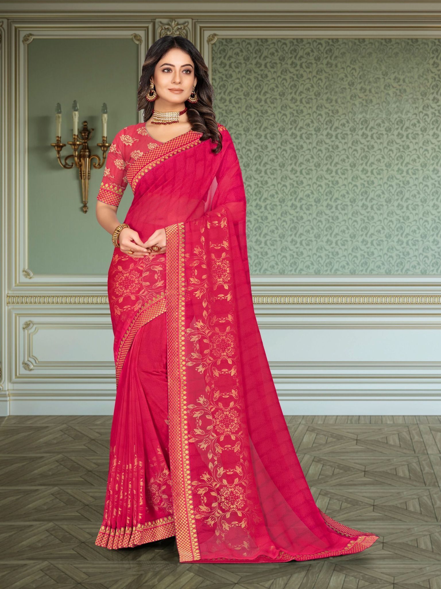 Blue Foil Print Georgette Saree With Fancy Foil Print Lace Border And Fancy Foil Print Blouse Piece