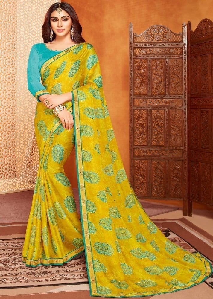 Digital Printed Georgette Saree in Yellow