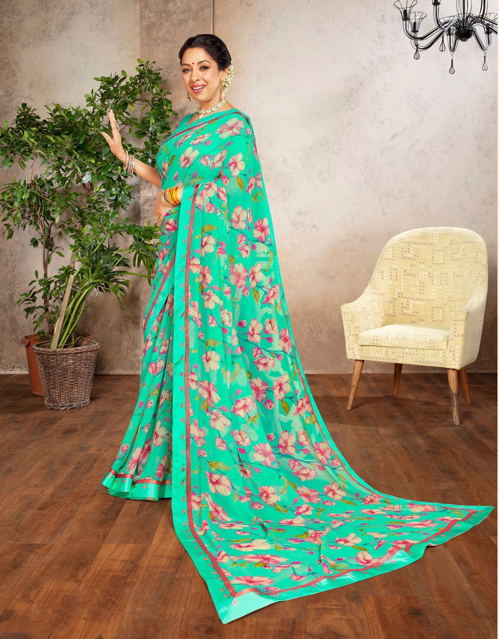 Green Color Georgette Fabric Printed Saree With Fancy Border And Fancy Blouse Piece