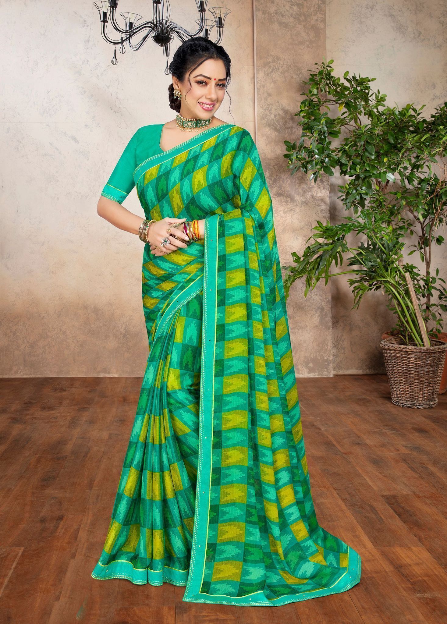 Multicolor Chiffon Fabric Printed Saree With Fancy Border And Fancy Blouse Piece
