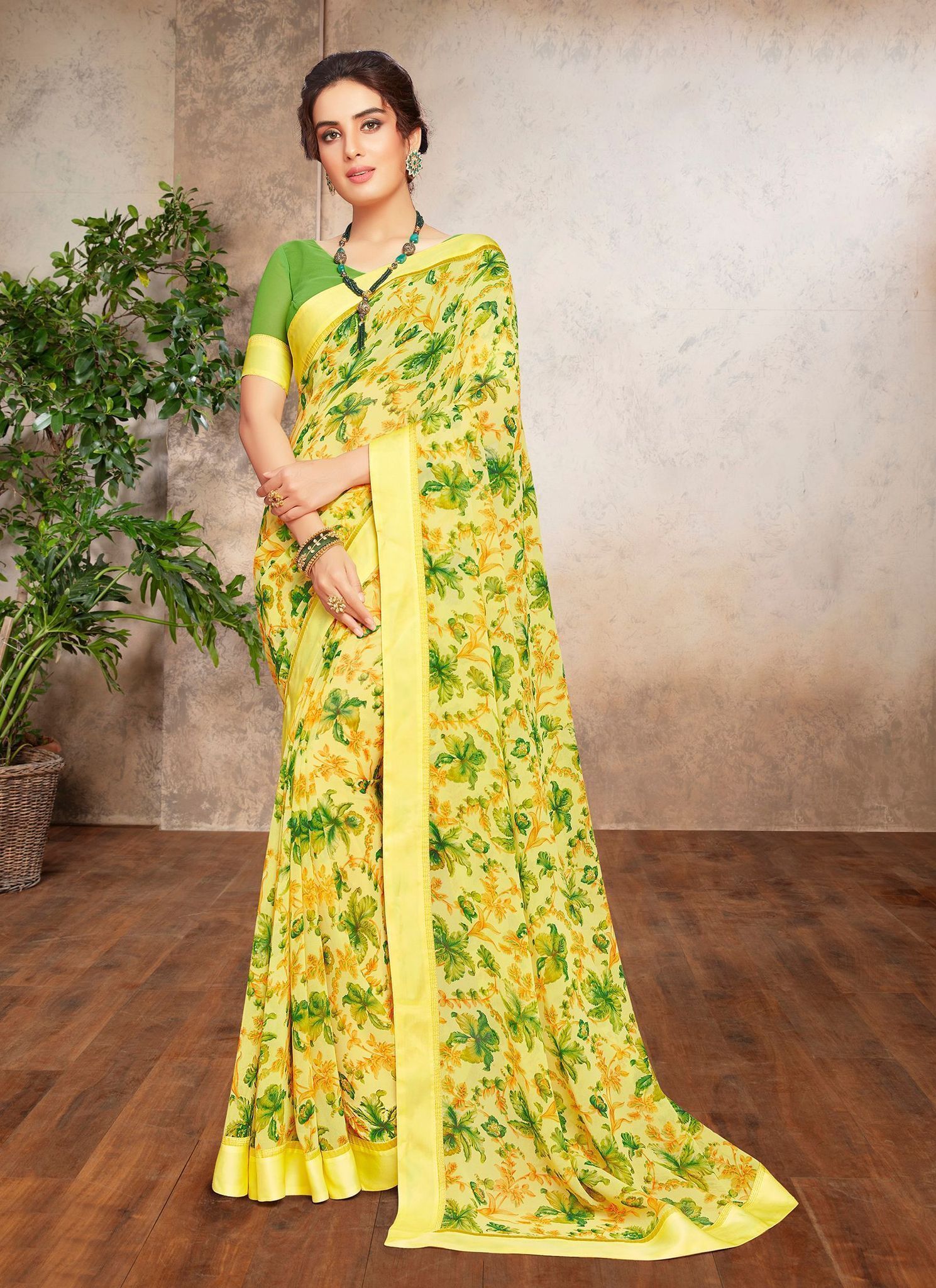 Yellow Floral Print Color Georgette Fabric Printed Saree With Fancy Border And Fancy Blouse Piece