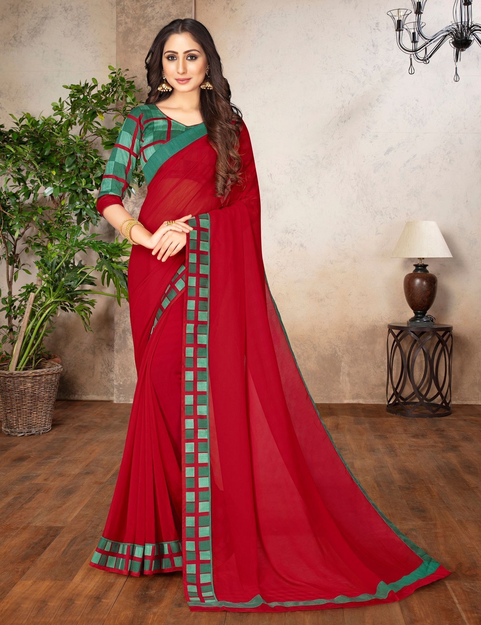 Red Color Georgette Fabric Printed Saree With Fancy Border And Fancy Blouse Piece
