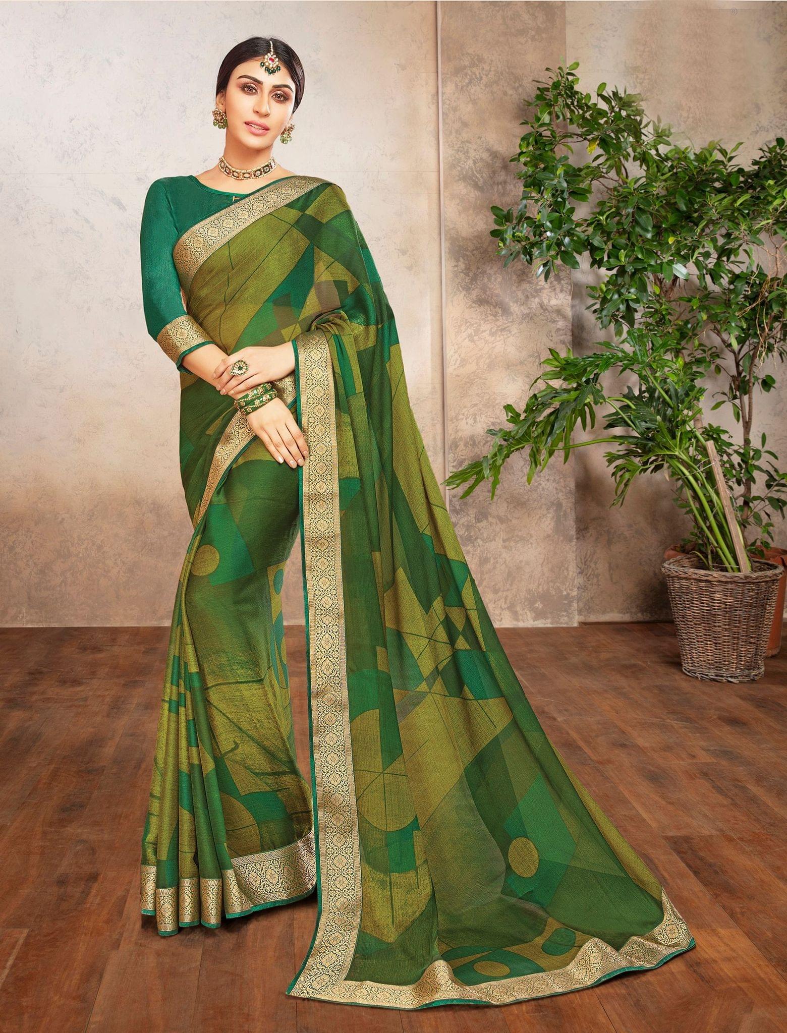 Multicolor Chiffon Fabric Printed Saree With Fancy Border And Fancy Blouse Piece