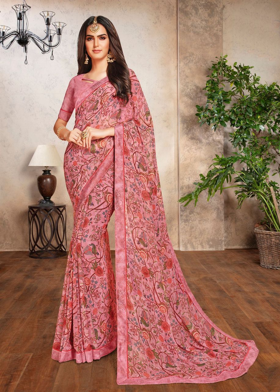 Peach Floral Print Color Georgette Fabric Printed Saree With Fancy Border And Fancy Blouse Piece