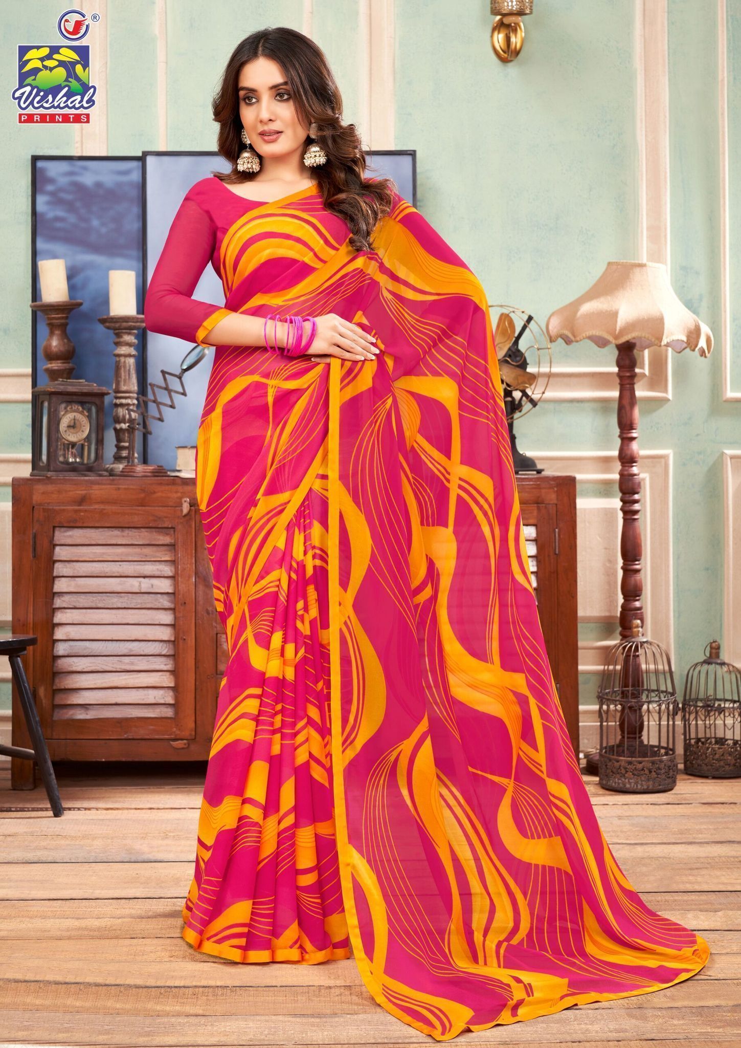 Multicolor Color Georgette Printed Saree With Attached Work Border And Fancy Printed Blouse Piece