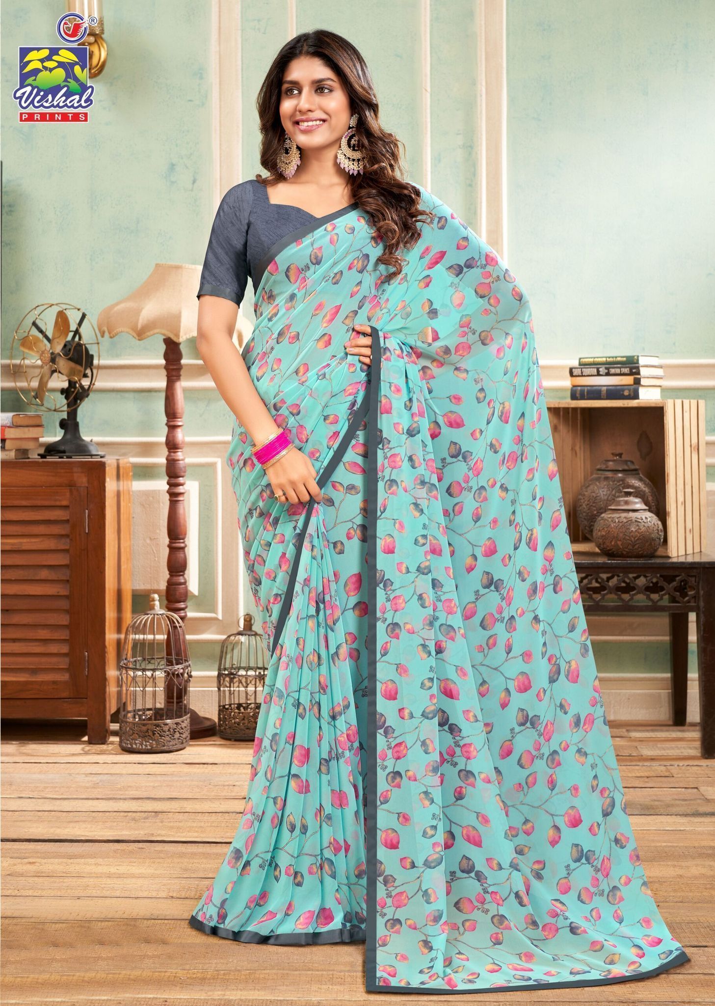 Sky Blue Color Georgette Printed Saree With Attached Work Border And Fancy Printed Blouse Piece