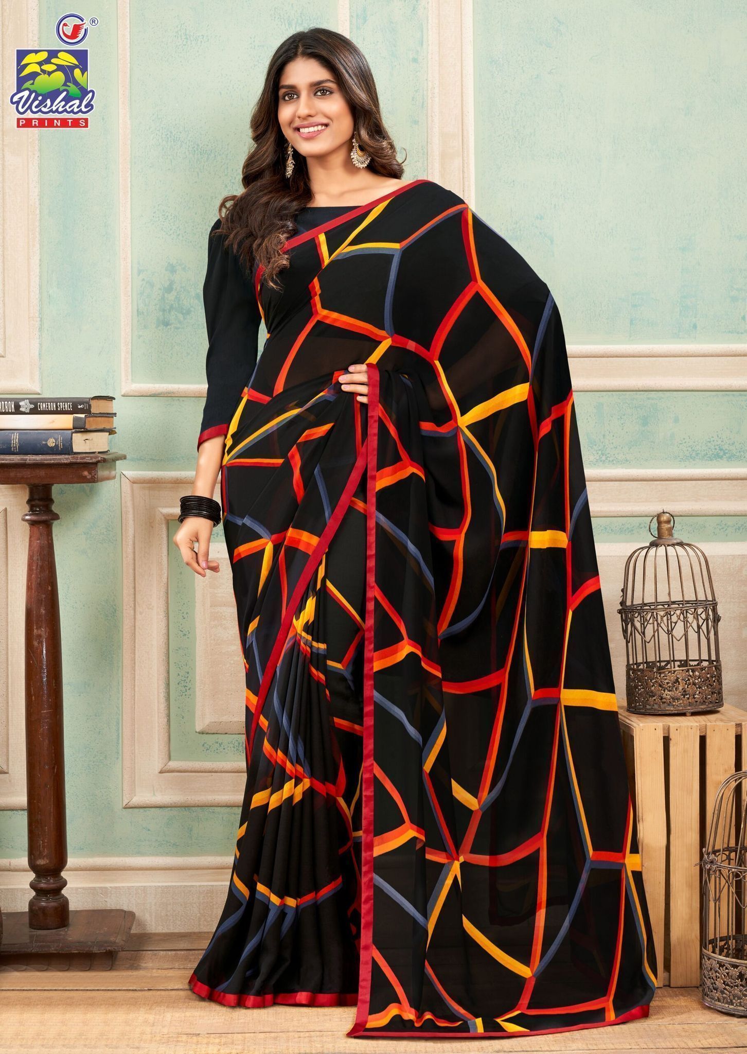 Black Color Georgette Printed Saree With Attached Work Border And Fancy Printed Blouse Piece