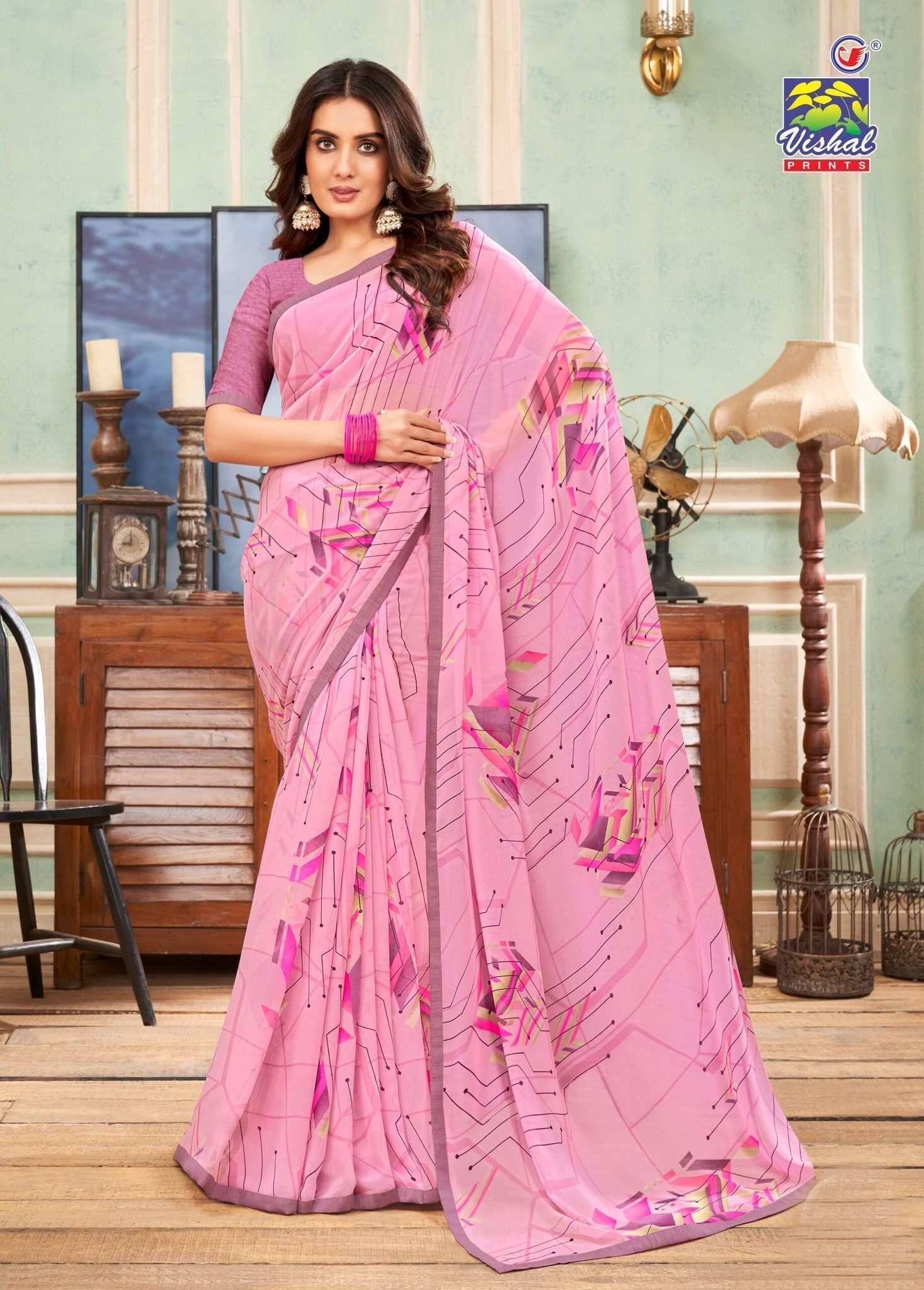 Pink Color Georgette Printed Saree With Attached Work Border And Fancy Printed Blouse Piece