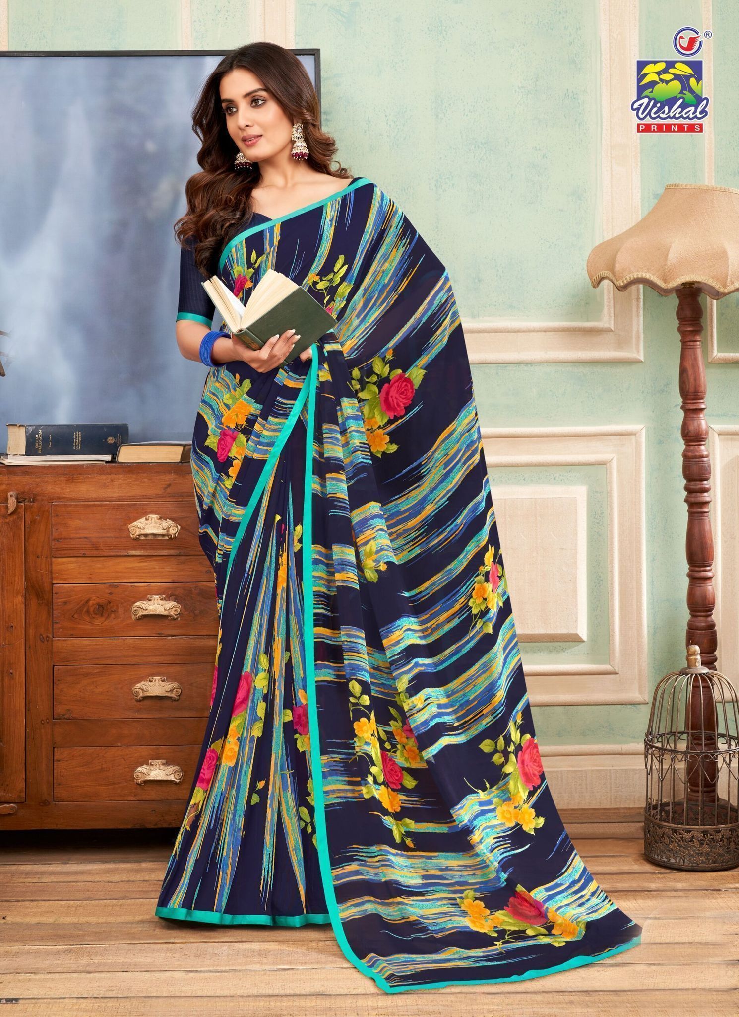 Multicolor Color Georgette Printed Saree With Attached Work Border And Fancy Printed Blouse Piece