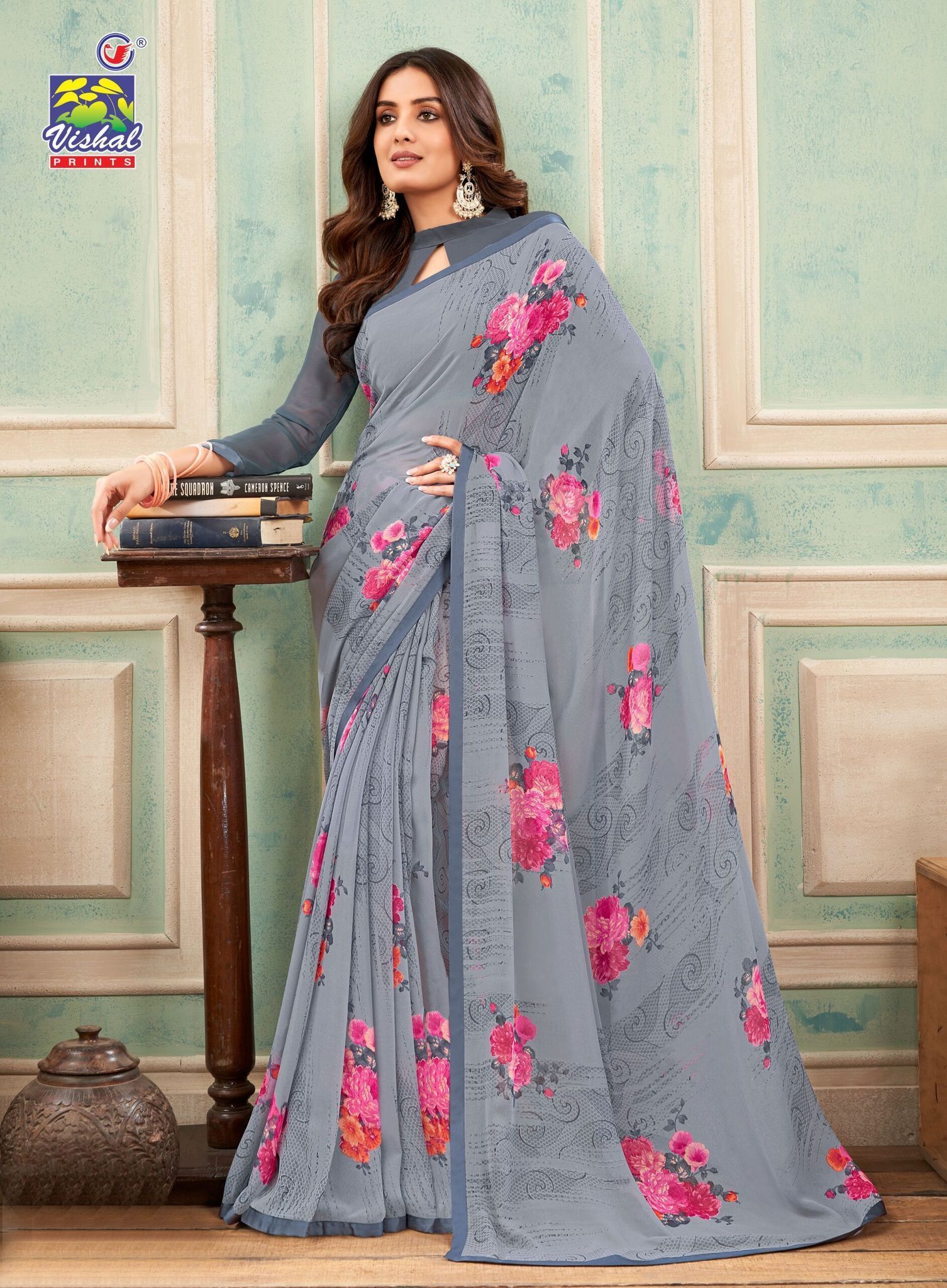 Grey Color Georgette Printed Saree With Attached Work Border And Fancy Printed Blouse Piece