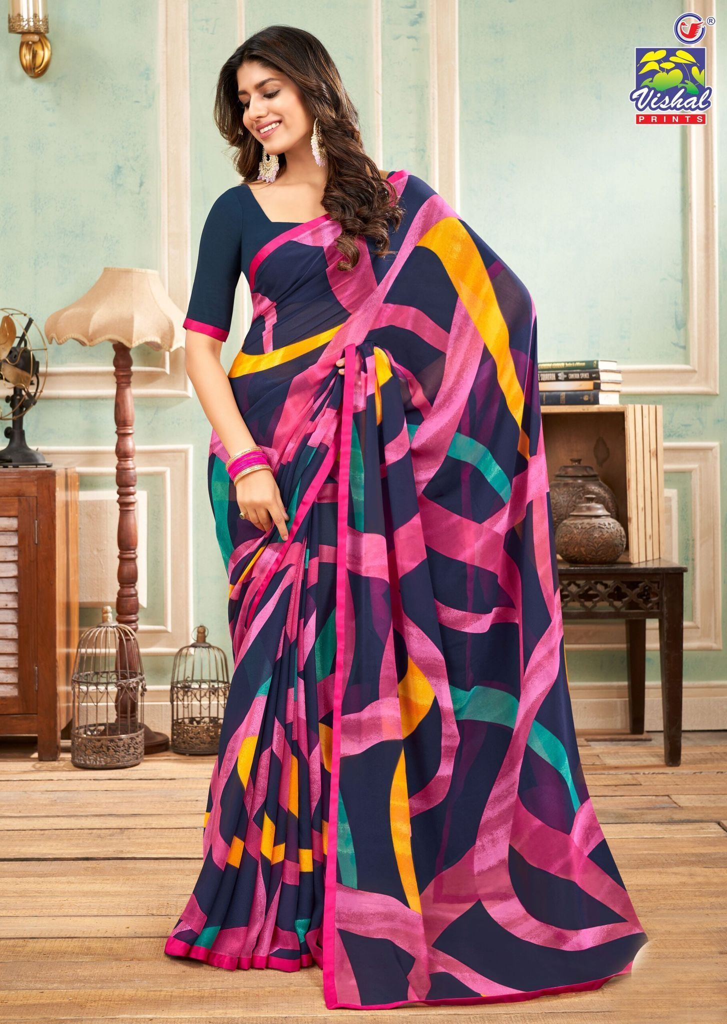Multicolor Color Georgette Printed Saree With Attached Work Border And Fancy Printed Blouse Piece