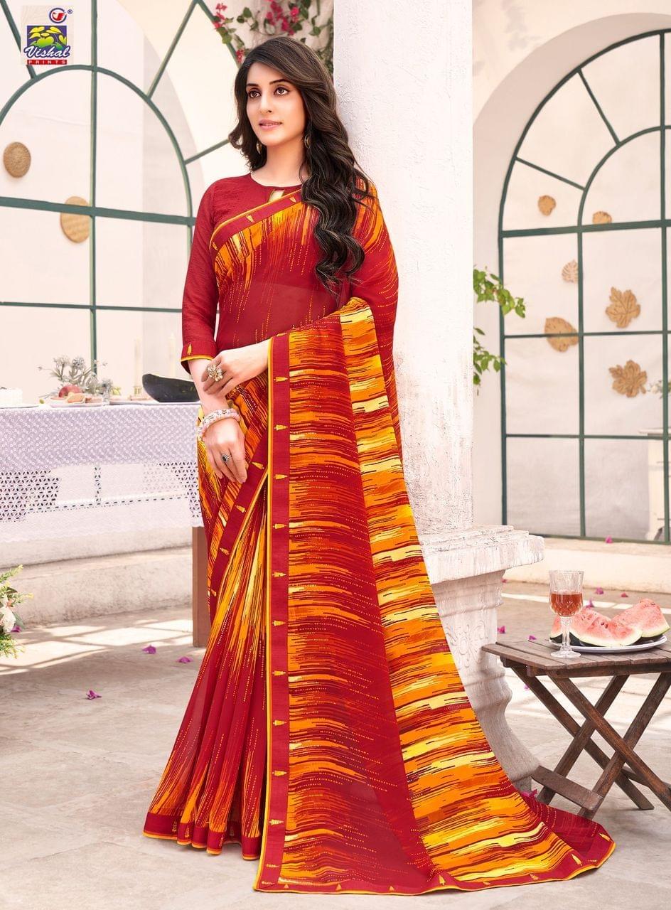 Multicolor Color Georgette Printed Saree With Piping Border And Fancy Printed Blouse Piece