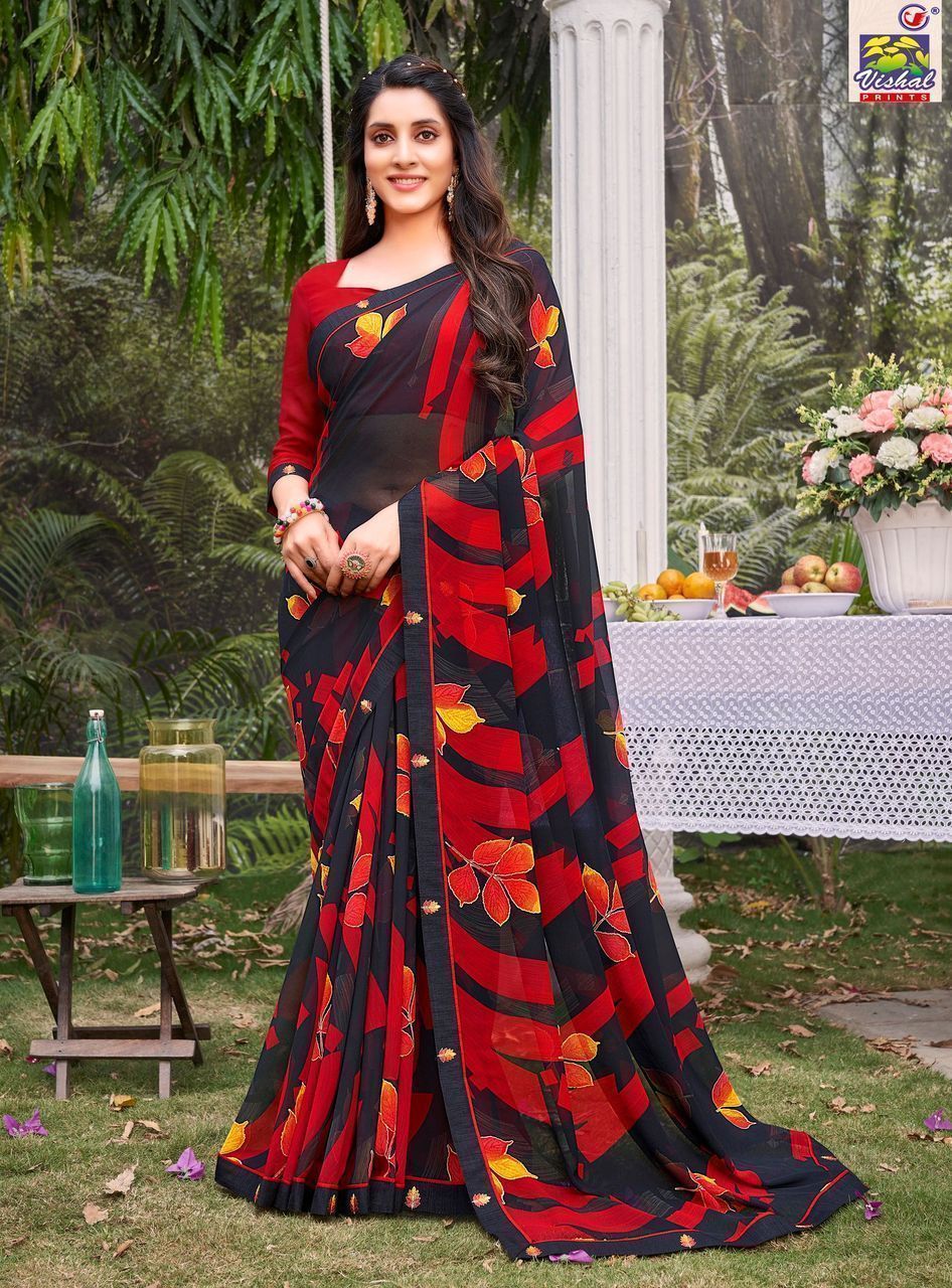 Multicolor Color Georgette Printed Saree With Piping Border And Fancy Printed Blouse Piece